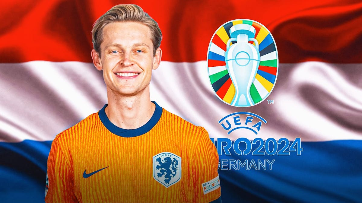 Frenkie de Jong in front of the Euro 2024 logo and Netherlands flag