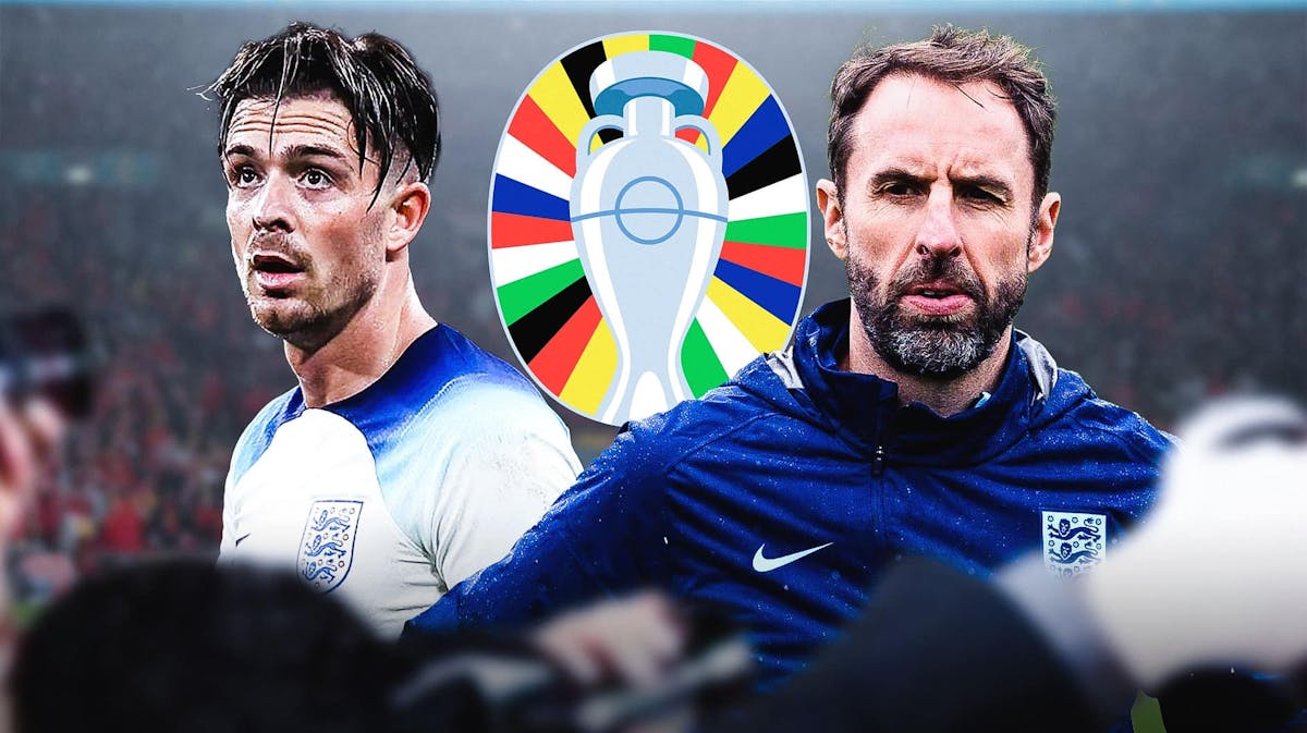 Gareth Southgate and Jack Grealish in front of the Euro 2024 logo
