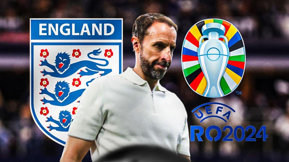 Gareth Southgate looking down/sad in front of the England team and Euro 2024 logos