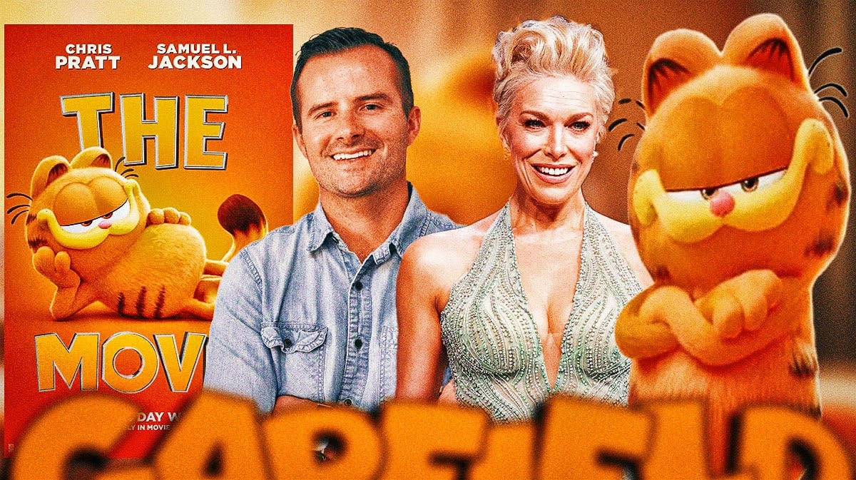 The Garfield Movie poster with production designer Pete Oswald and star Hannah Waddingham.