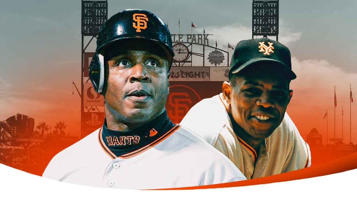 Giants' Barry Bonds looking sad with Willie Mays smiling beside Bonds