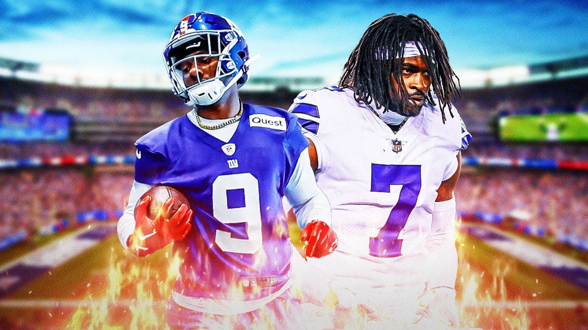 Malik Nabers in a Giants uniform. Trevon Diggs in a Cowboys uniform. Flames coming off of them.