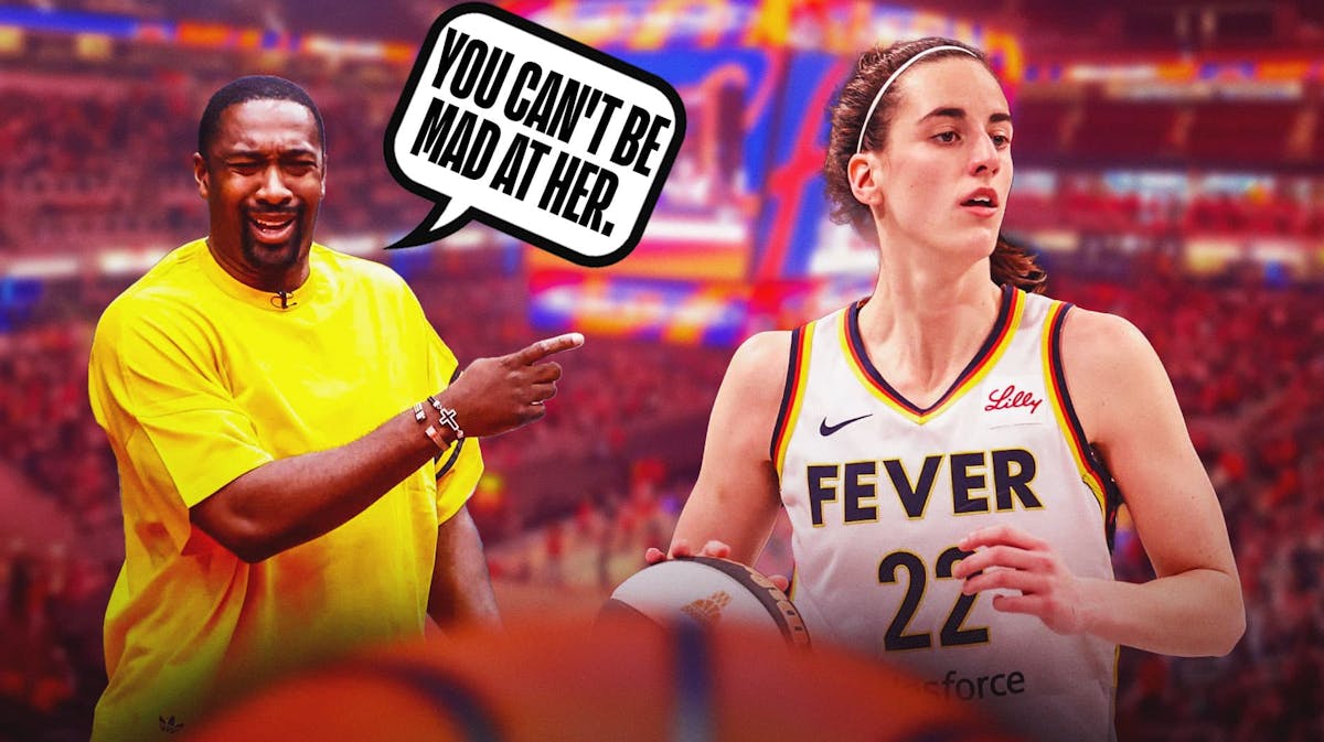 Gilbert Arenas and Caitlin Clark side by side. Gilbert Arenas speech bubble: "You can't be mad at her."