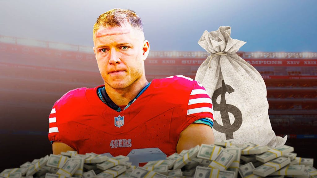 49ers running back Christian McCaffrey surrounded by money after contract extension.