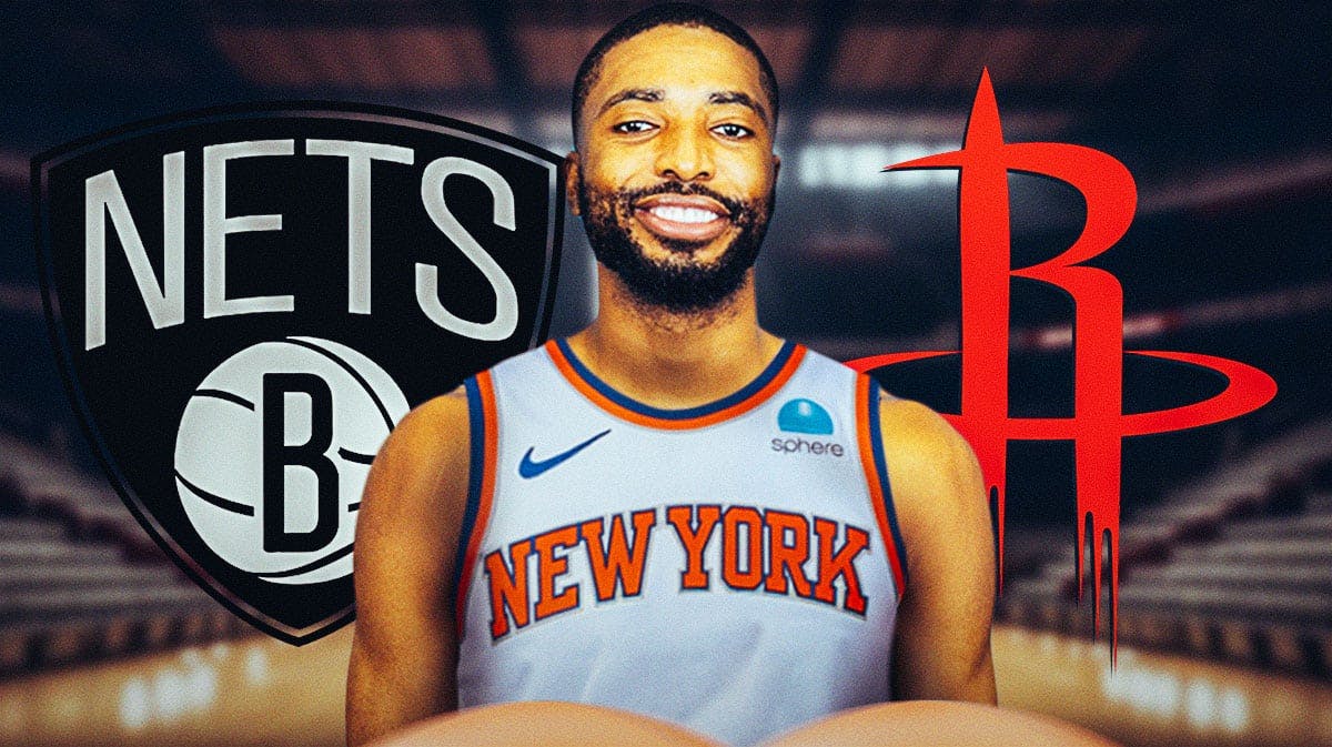 Nets logo on one side, Mikal Bridges in a Knicks uniform in the middle, Rockets logo on other side