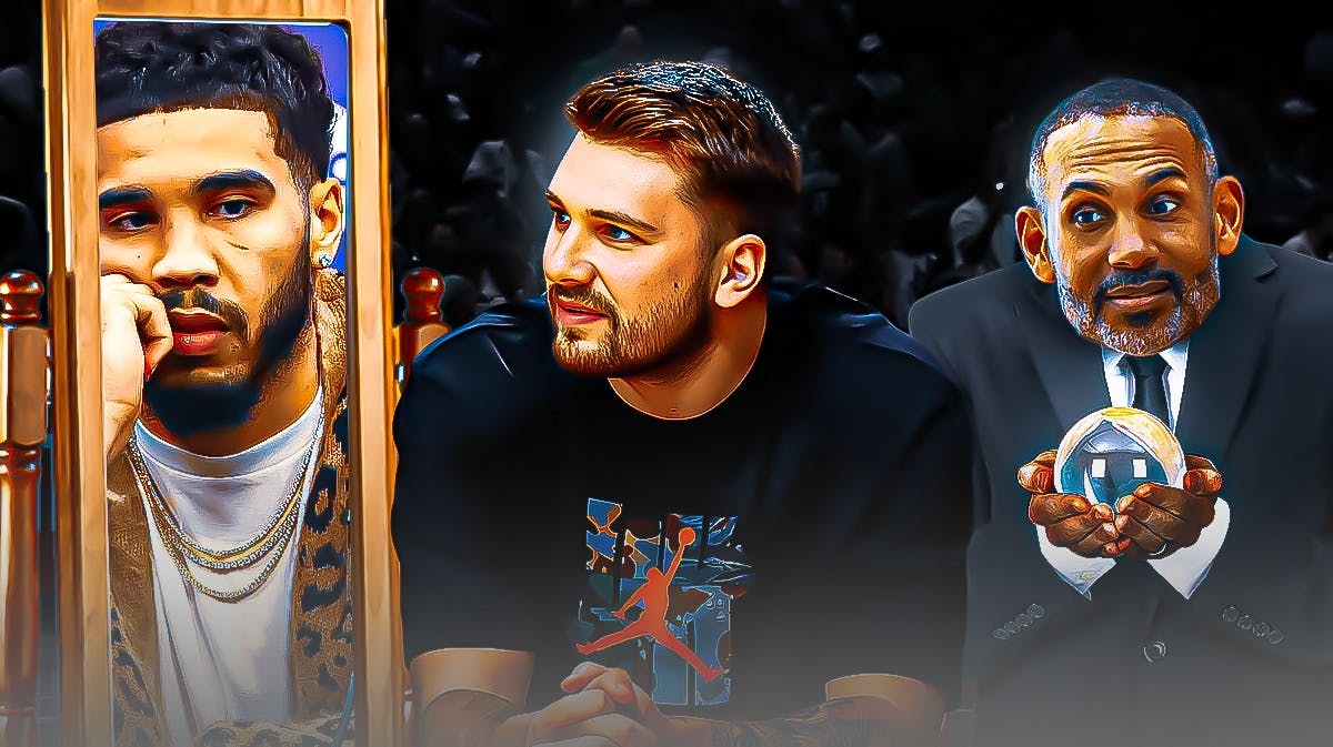 Mavericks' Luka Doncic looking at a mirror, with a reflection of Celtics' Jayson Tatum looking sad after the 2022 NBA Finals, with Grant Hill holding a crystal ball