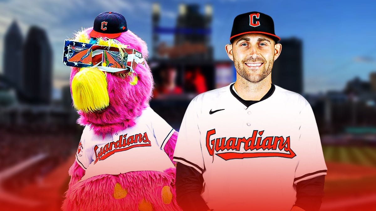 Pitcher Matthew Boyd in a Cleveland Guardians uniform with Cleveland Guardians mascot Slider in the background