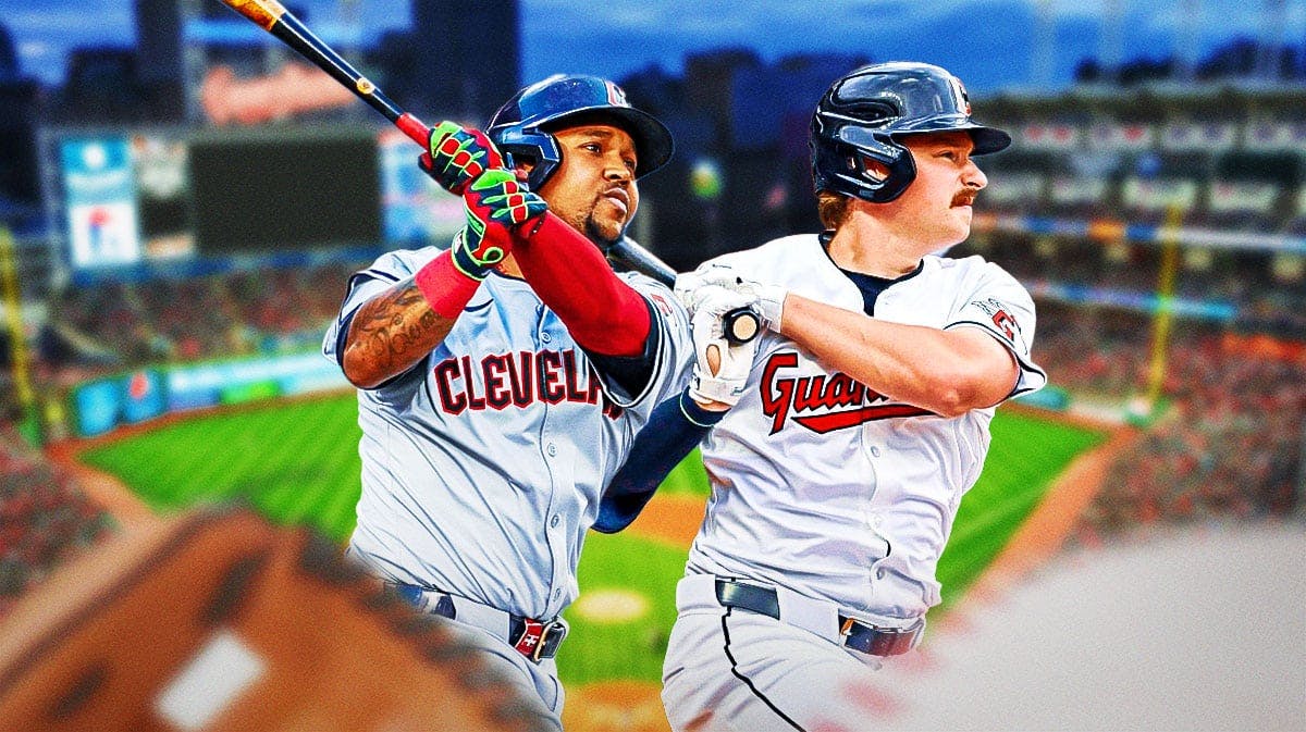 Guardians Jose Ramirez and Guardians Kyle Manzardo both swinging baseball bats at Progressive Field.