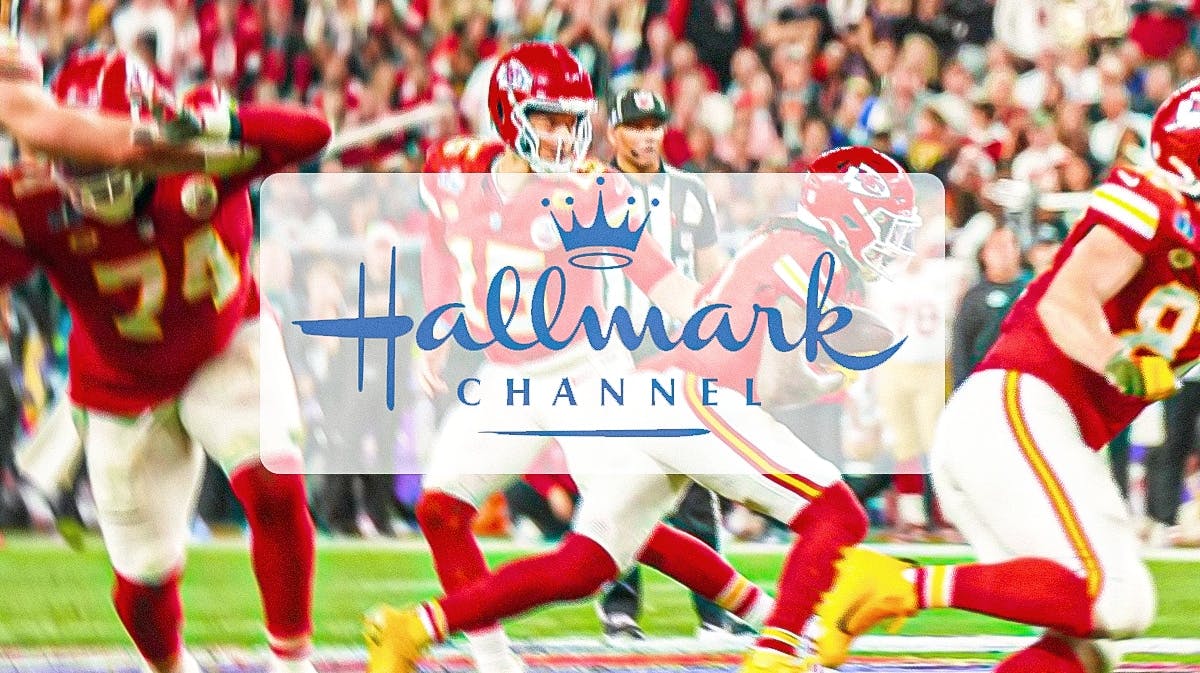Kansas City Chiefs playing in the background, with Hallmark Channel Logo in the front of image.