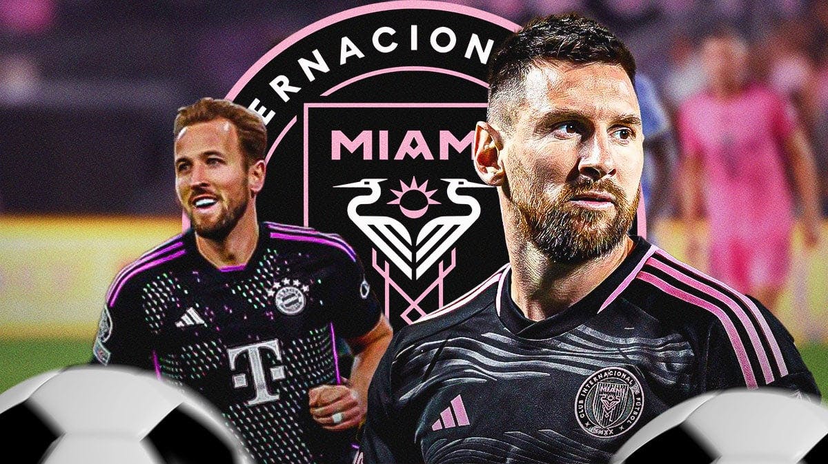 Harry Kane and Lionel Messi in front of the Inter Miami logo