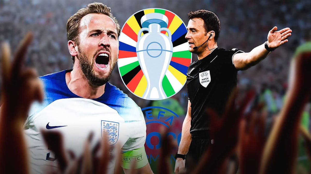 Harry Kane and a referee in front of the Euro 2024 logo