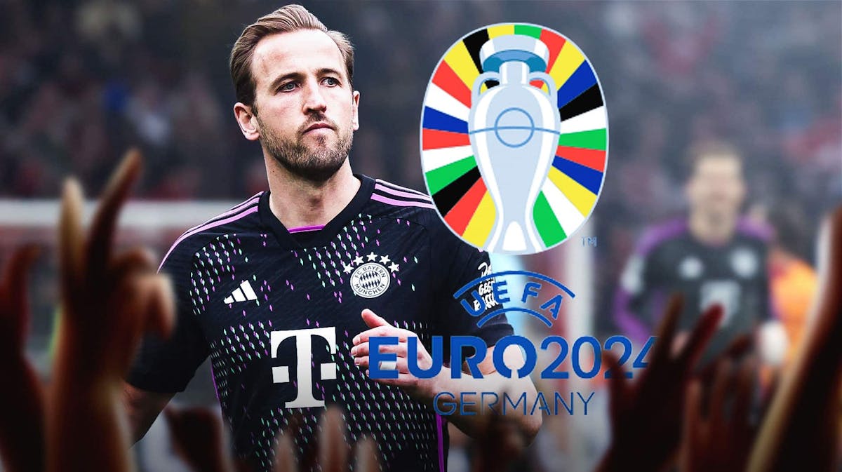 Harry Kane in front of the Euro 2024 logo