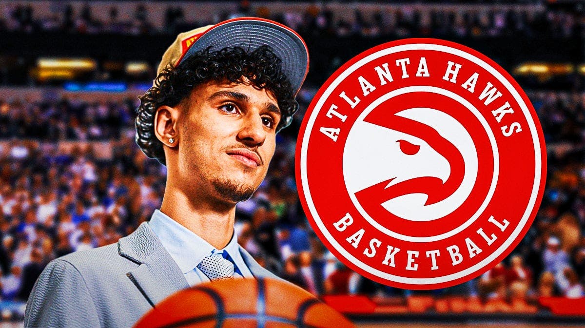 Zaccharie Risacher in image looking hopeful, Atlanta Hawks logo, basketball court in background