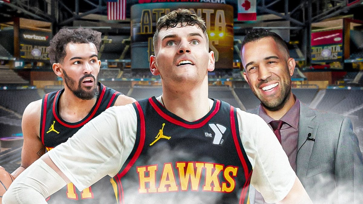 Donovan Clingan in Hawks jersey next to Landry Fields and Trae Young