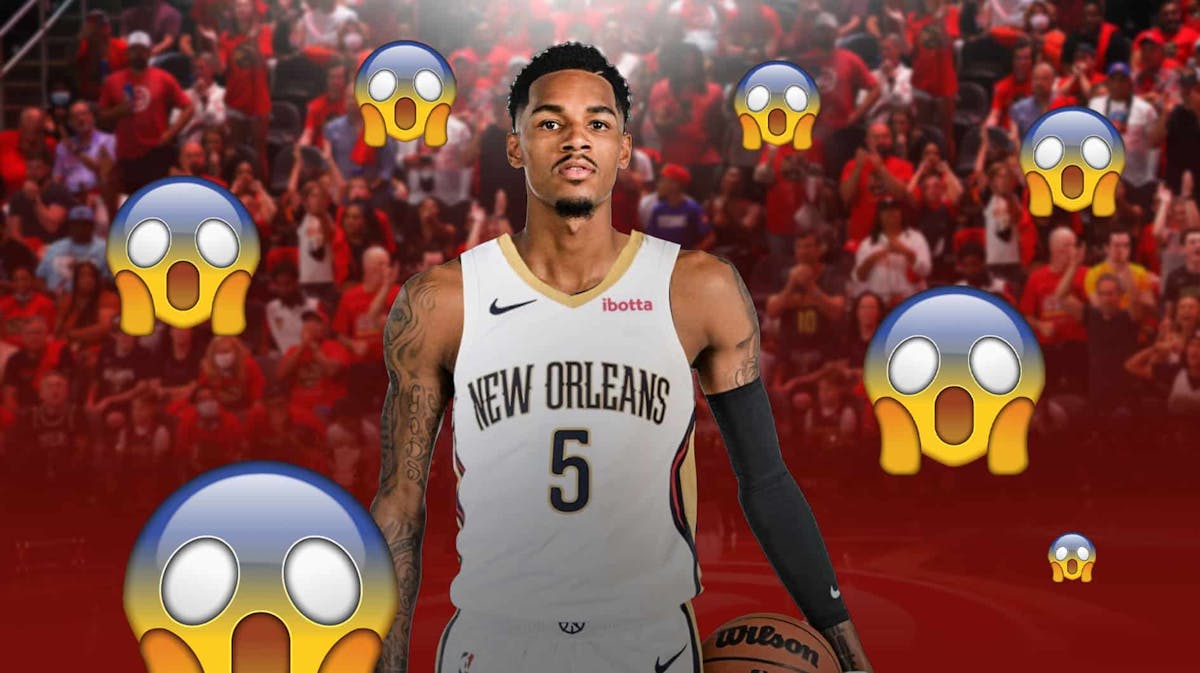 Photo: Dejounte Murray in Pelicans jersey, shocked emojis all around, have Atlanta Hawks fans in background looking pissed