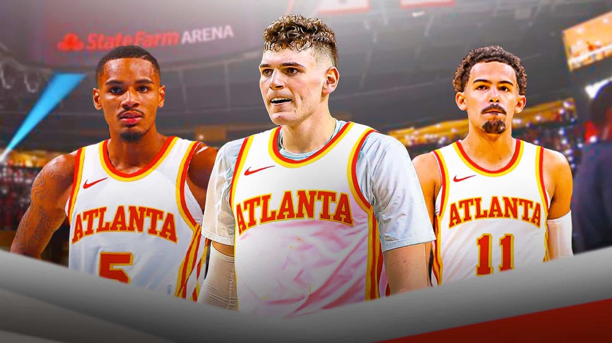 Hawks' Dejounte Murray and Trae Young with Donovan Clingan, photoshopped to wear Hawks jersey