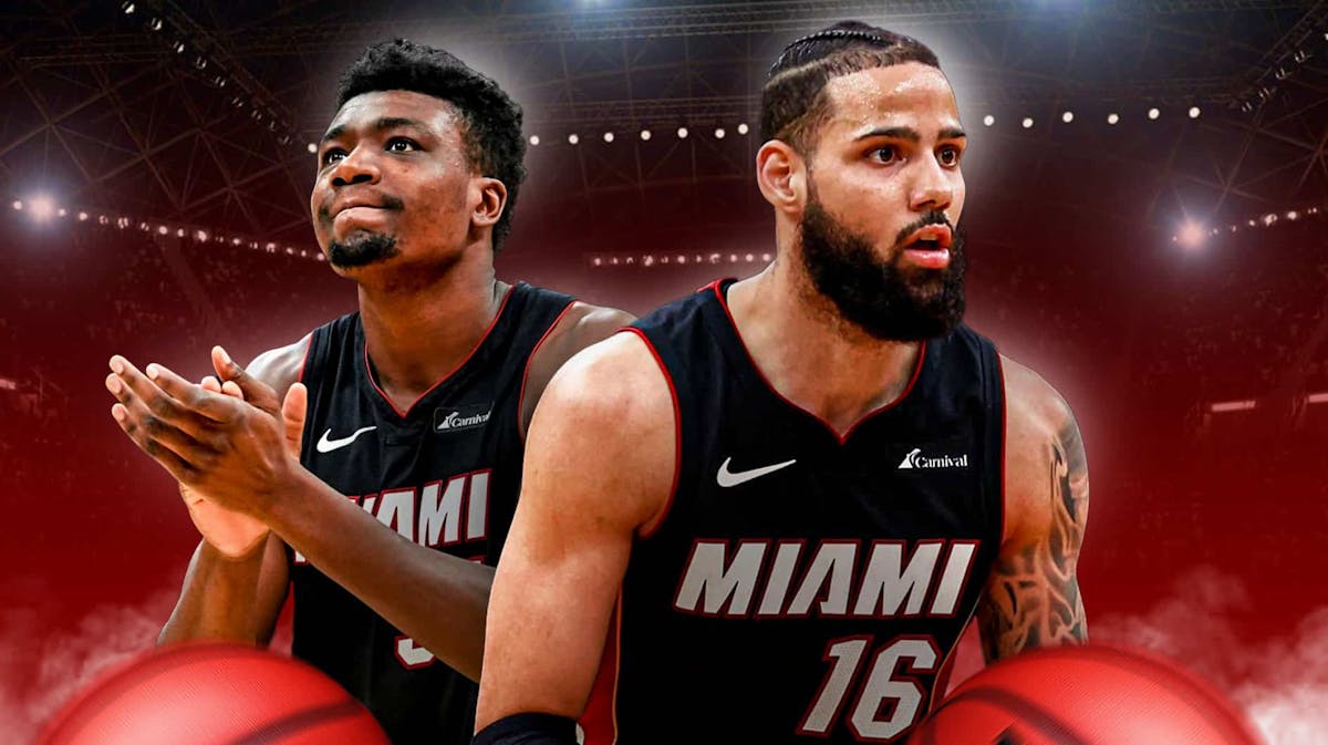 Miami Heat stars Caleb Martin and Thomas Bryant in front of Kaseya Center.