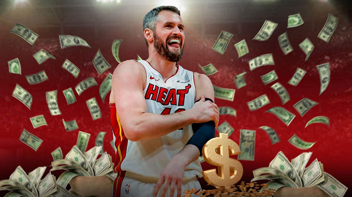 Miami Heat star Kevin Love around money signs in front of Kaseya Center.