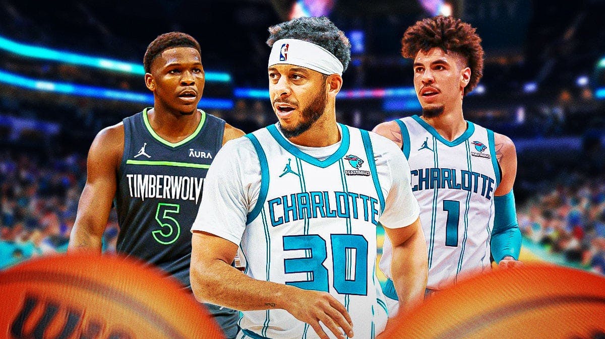 Minnesota Timberwolves player Anthony Edwards and Charlotte Hornets players Seth Curry and LaMelo Ball