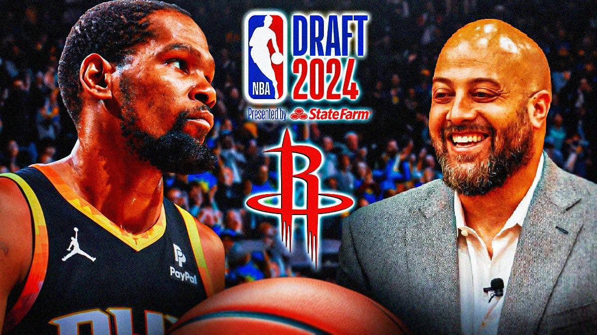 Rafael Stone on one side. Kevin Durant on the other side of the graphic. Rockets logo and NBA Draft 2024 logo in front.