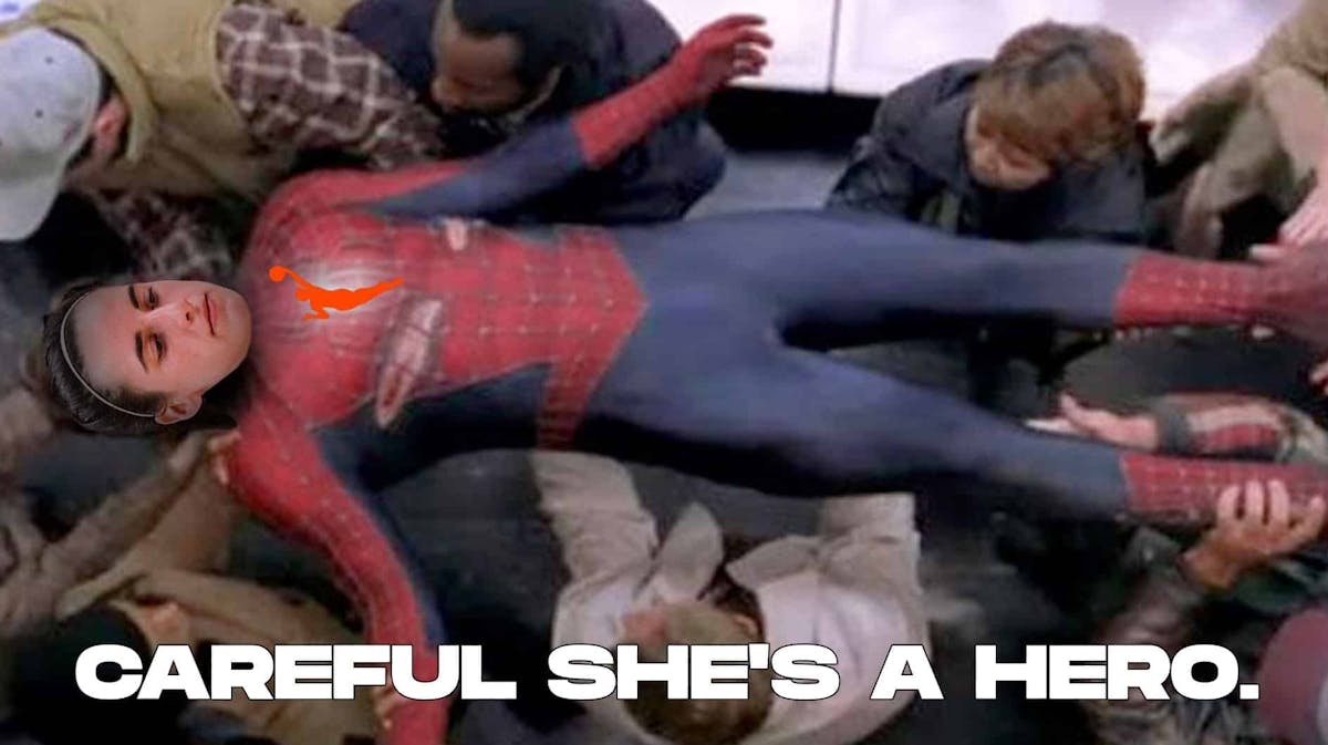 Careful he's a hero meme but it's Caitlin Clarks head on Spider-man with the WNBA logo on her chest. Change subtitle to "Careful she's a hero."
