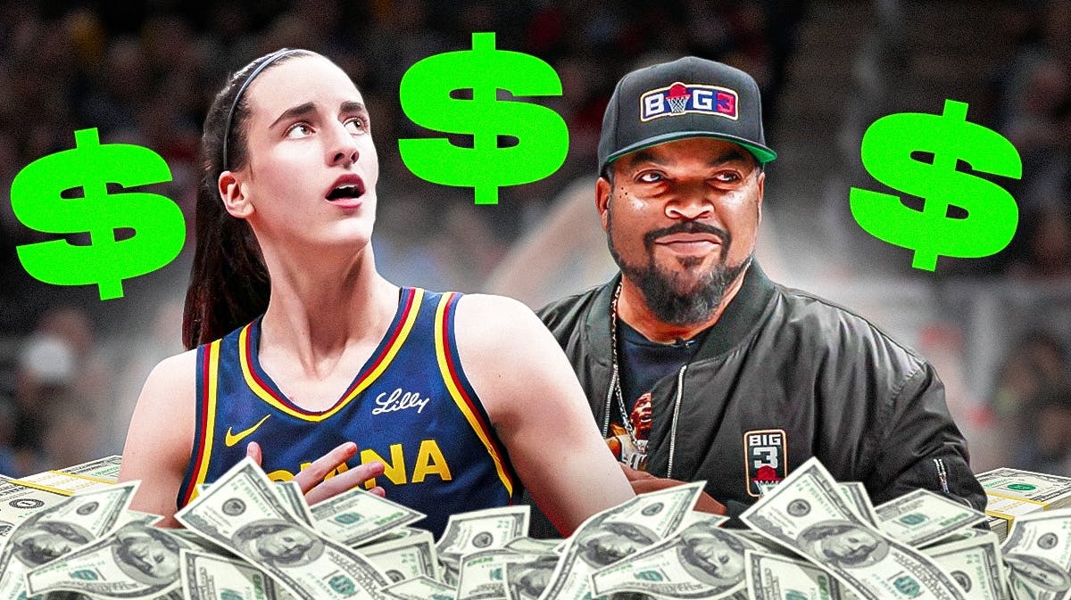 Indiana Fever player Caitlin Clark, and Ice Cube, with a bunch of money and dollar signs
