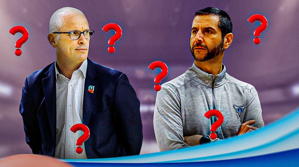 Dan Hurley, James Borrego surrounded by question marks with a purple/maroon Cavs colored background.