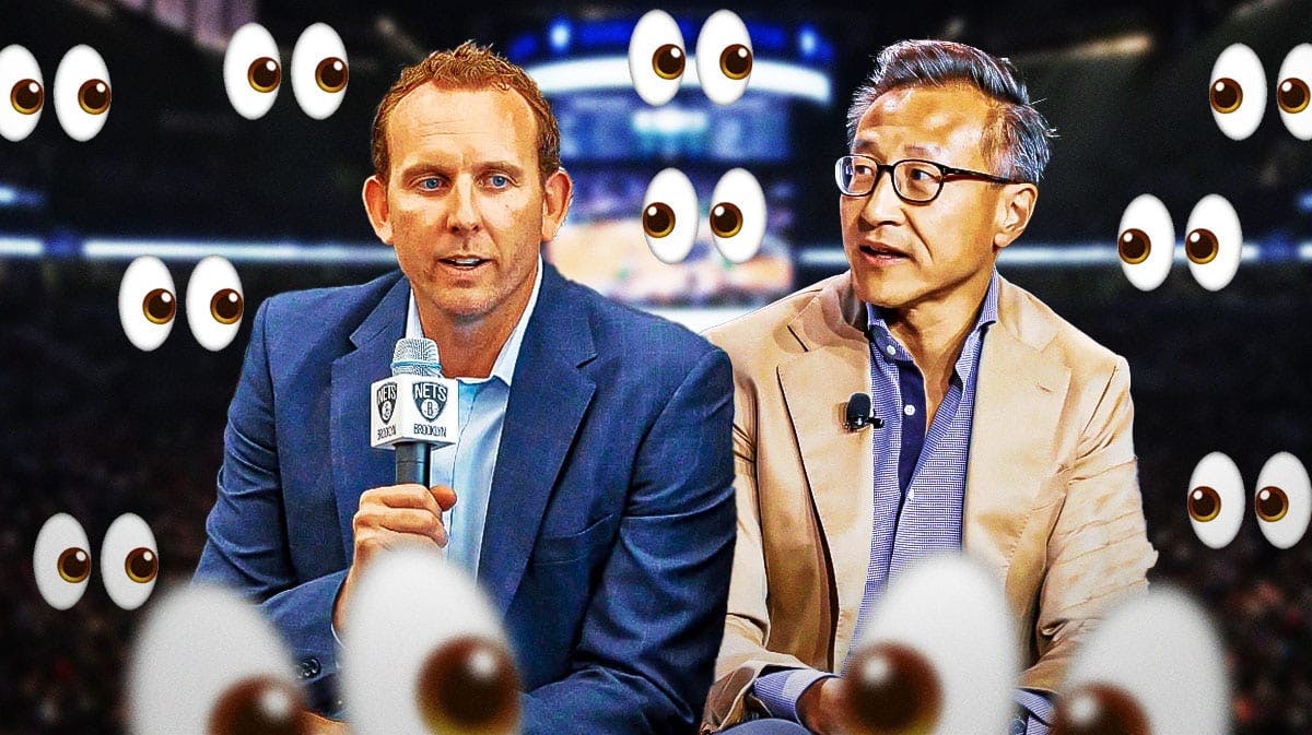 Sean Marks and Joe Tsai with a bunch of the big eyes emojis in the background. NBA TV deal, Nets offseason plans