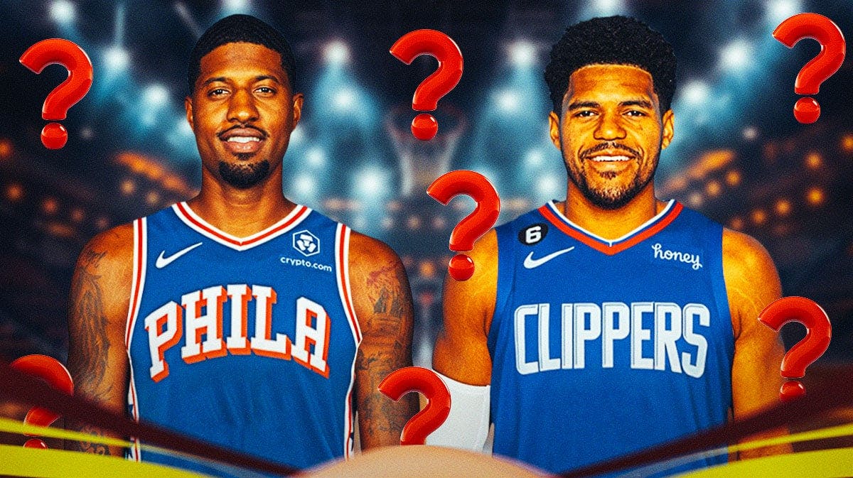 Paul George in a 76ers uniform, Tobias Harris in a Clippers uniform. Question marks all over image.
