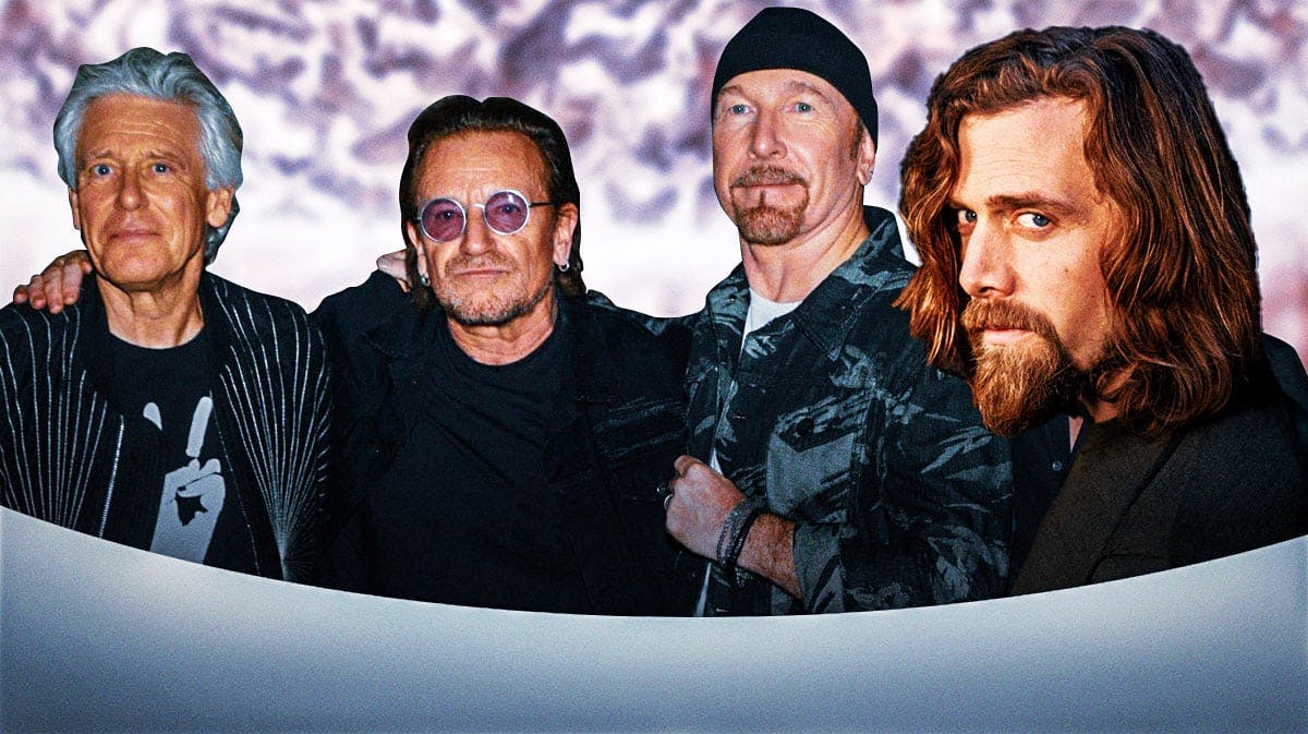 U2 members Adam Clayton, Bono, The Edge, and Bram van den Berg with Las Vegas Sphere background.