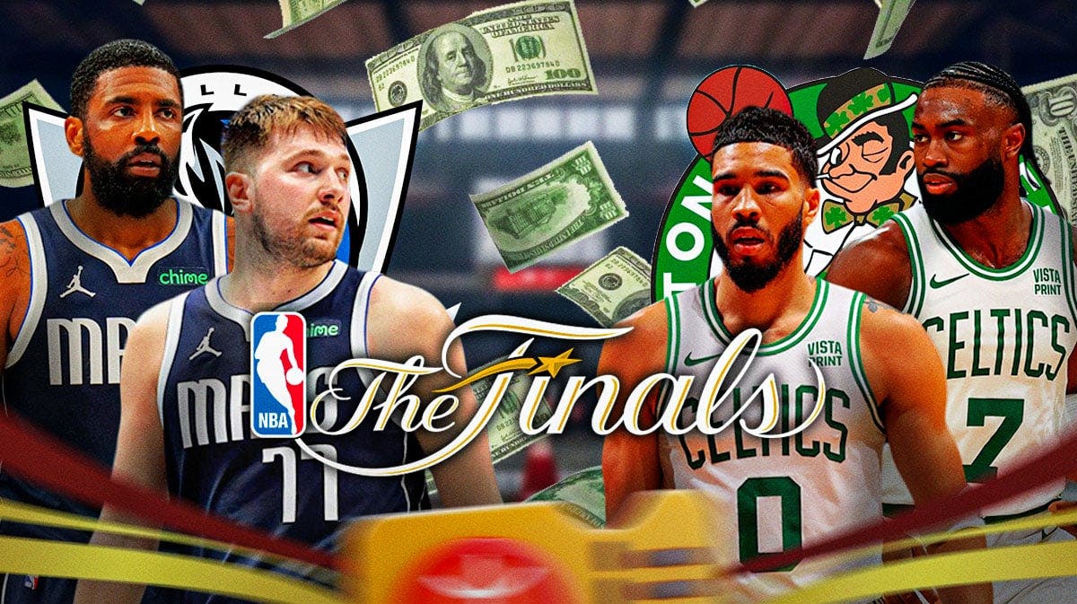 Kyrie Irving, Luka Doncic, Mavericks logo on one side. On other side is Jayson Tatum, Jaylen Brown, Celtics logo. NBA Finals 2024 logo front and center. Tickets and dollar signs all around the graphic.