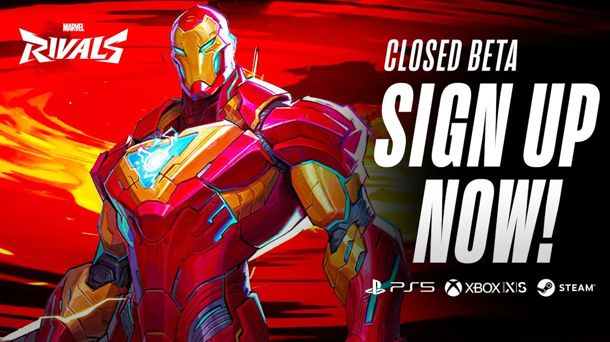 Image of Marvels Rivals Iron Man and the phrases Closed Beta and Sign up now
