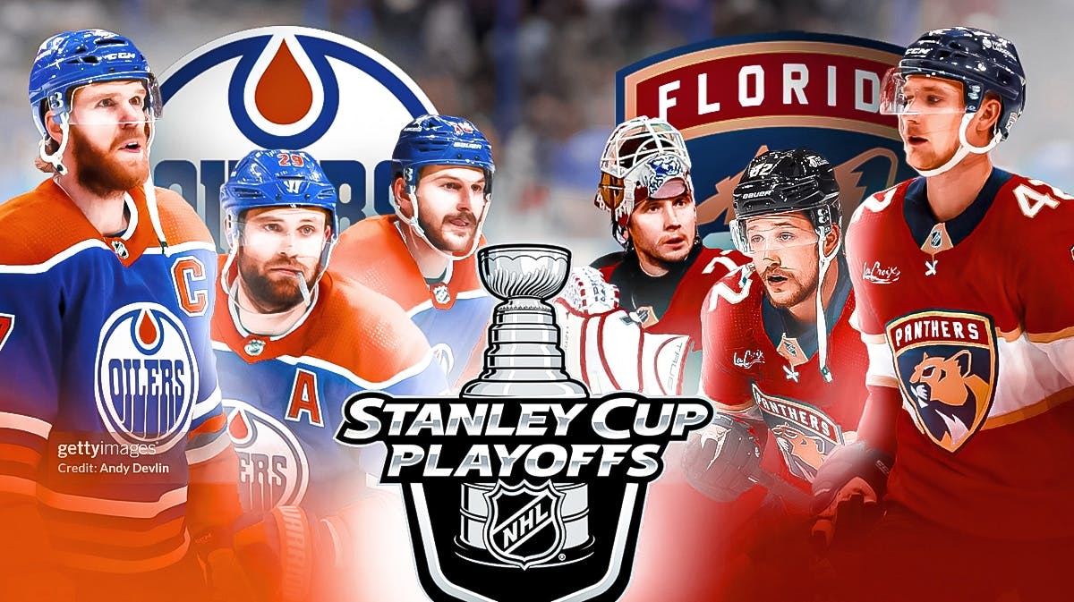 Conor McDavid, Leon Draisaitl, Zach Hyman, Oilers logo on one side. On other side is Gustav Forsling and Brandon Montour and Sergei Bobrovsky and Panthers logo. 2024 Stanley Cup Finals logo in front.