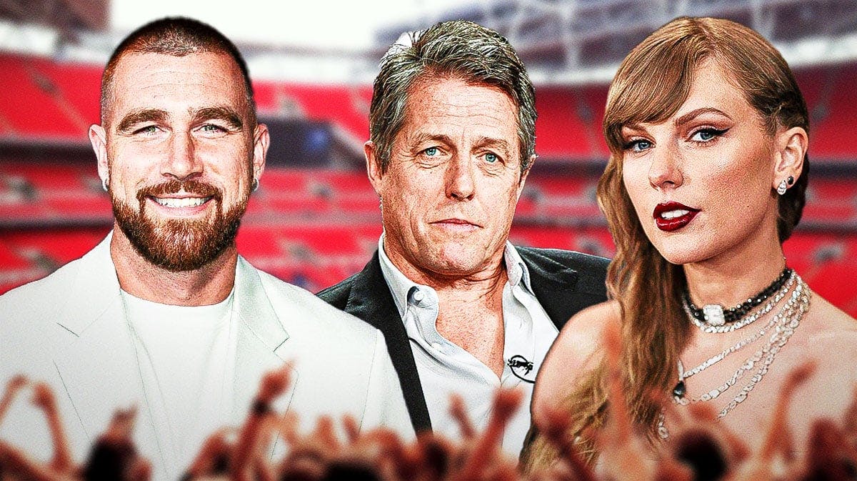 Travis Kelce, Hugh Grant, and Taylor Swift with Wembley Stadium (where the Eras tour spent three nights in June 2024) background.