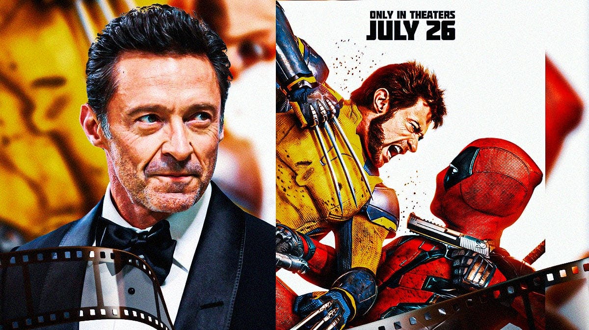 Hugh Jackman next to MCU Deadpool 3 (Deadpool and Wolverine) poster.