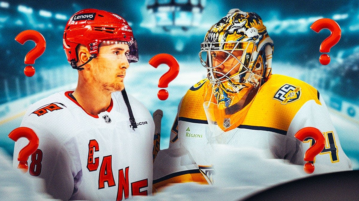 Martin Necas and Juuse Saros both in image, 3-5 question marks, hockey rink in background