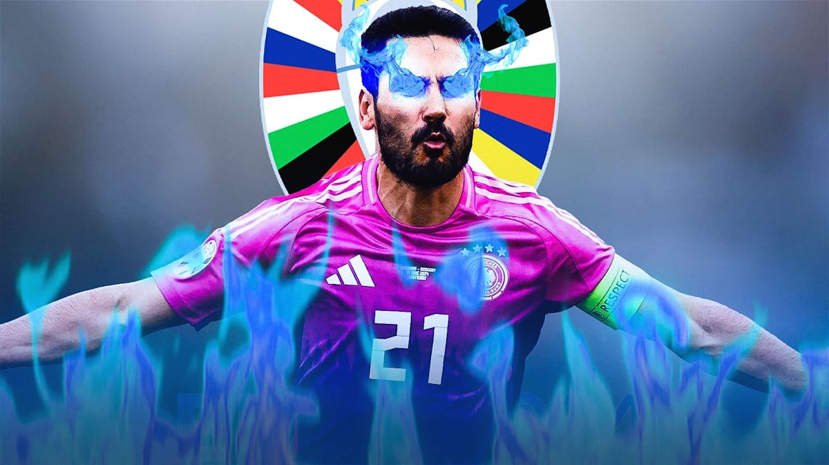 Ilkay Gundogan celebrating with blue fire in his eyes and around his body in front of the Euro 2024 logo