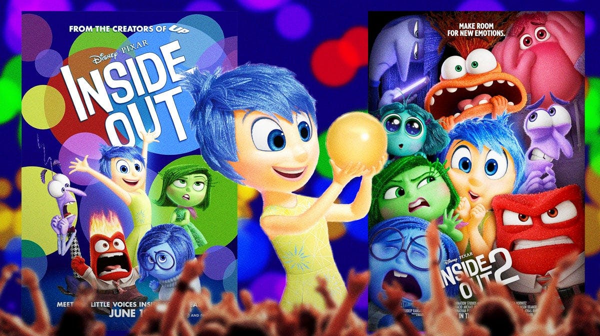 Pixar films Inside Out and Inside Out 2 posters with Joy.