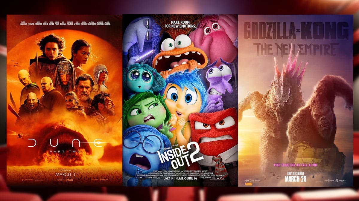 Inside Out 2 poster between highest-grossing opening weekends at box office of 2024 (domestically) Dune 2 and Godzilla x Kong: The New Empire posters with movie theater background.
