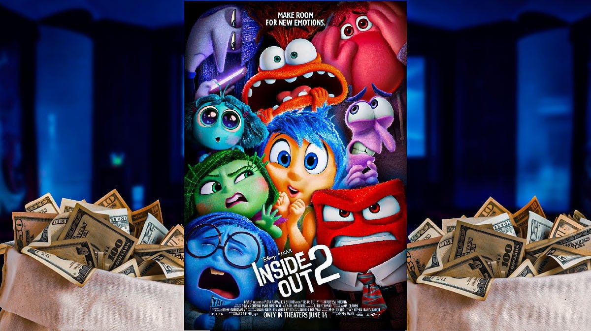 Pixar movie Inside Out 2 has highest-grossing opening weekend of 2024 box office. Movie theater background with money around poster.