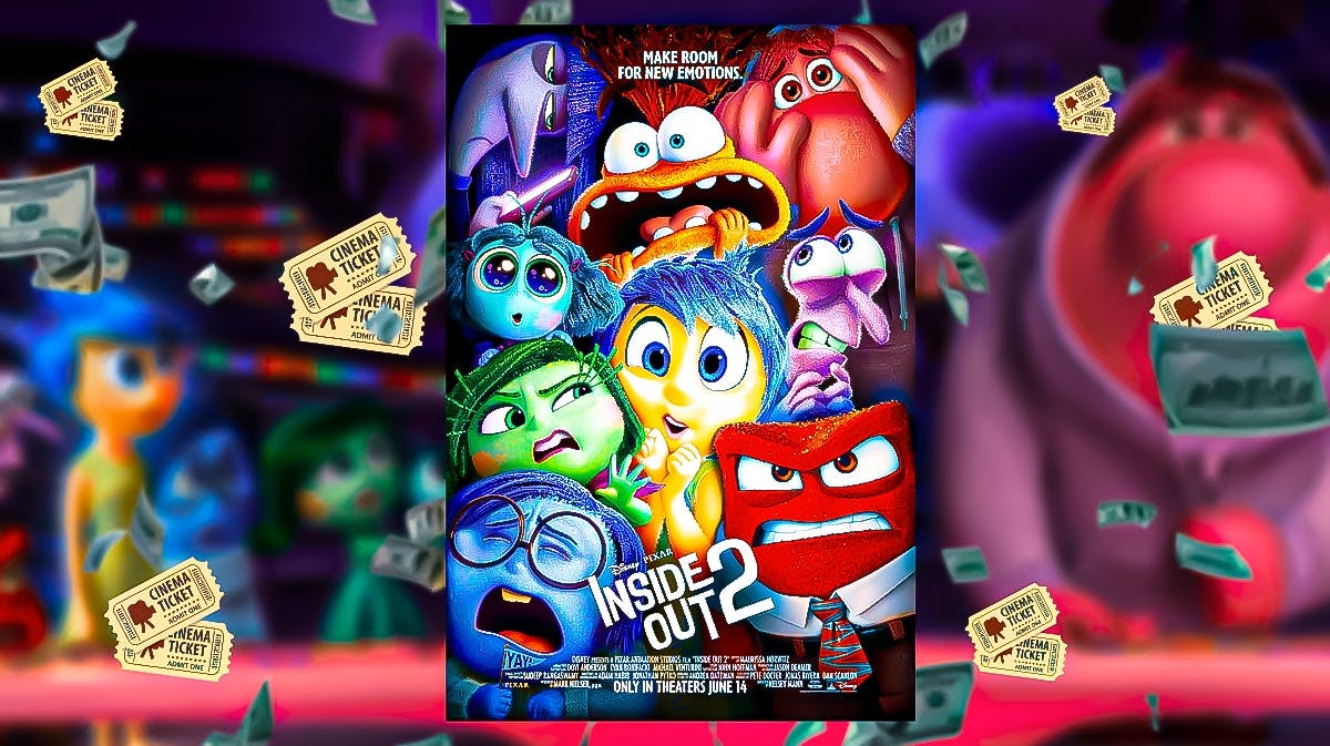 Inside Out 2 poster, movie tickets and money surrounding it