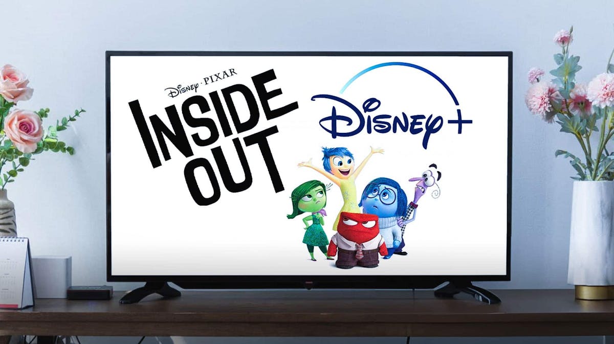 Pixar Inside Out logo with Disney+ logo on TV with Joy, Disgust, Anger, Sadness, and Fear from movies.
