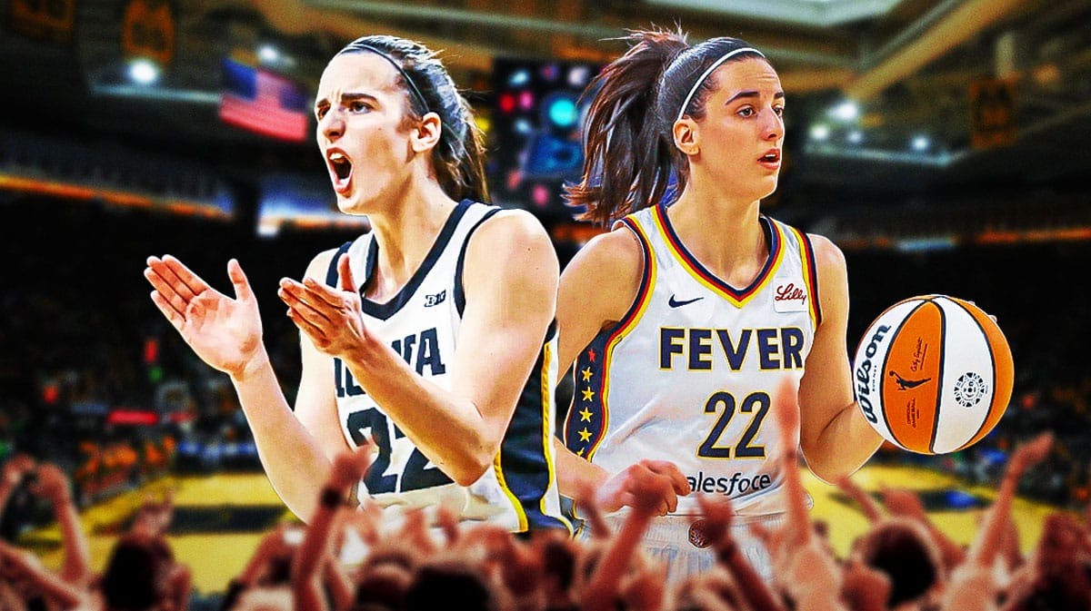a cut out of Caitlin Clark, in an Iowa women’s basketball uniform, and a cut out of Caitlin Clark, in an Indiana Fever jersey