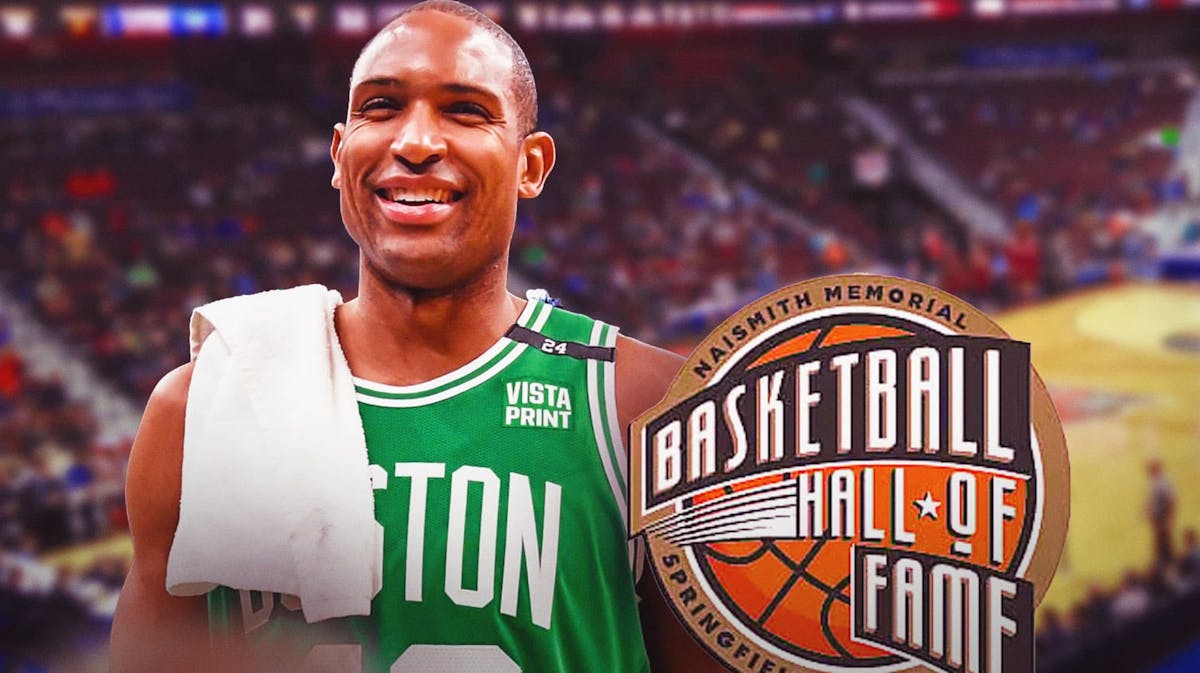 Celtics' Al Horford smiling, with Naismith Memorial Basketball Hall of Fame logo and background