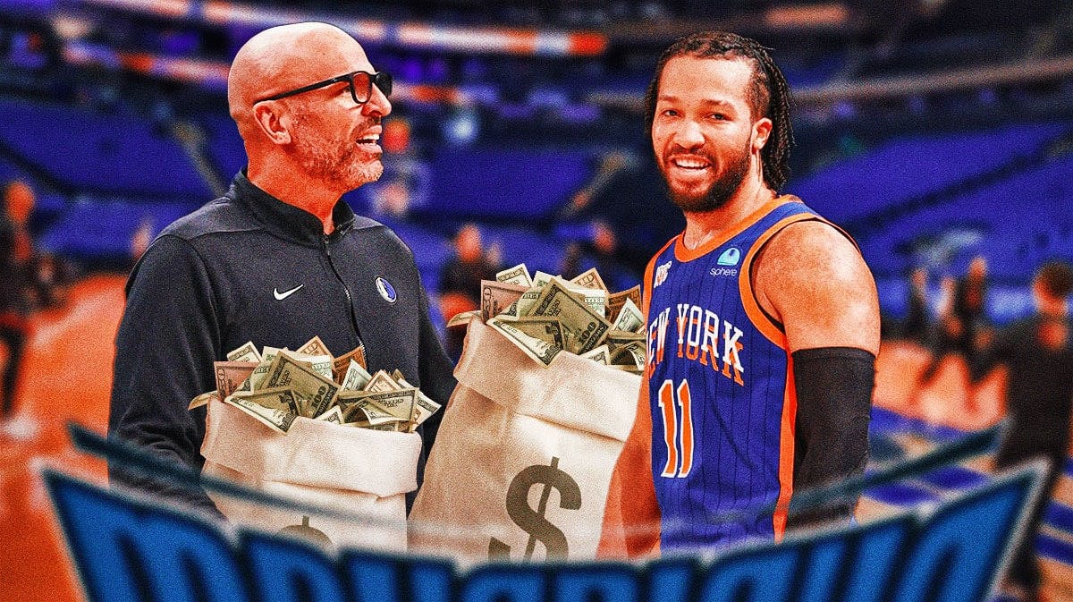 Mavericks' Jason Kidd carrying plenty of money bags with Knicks' Jalen Brunson smiling