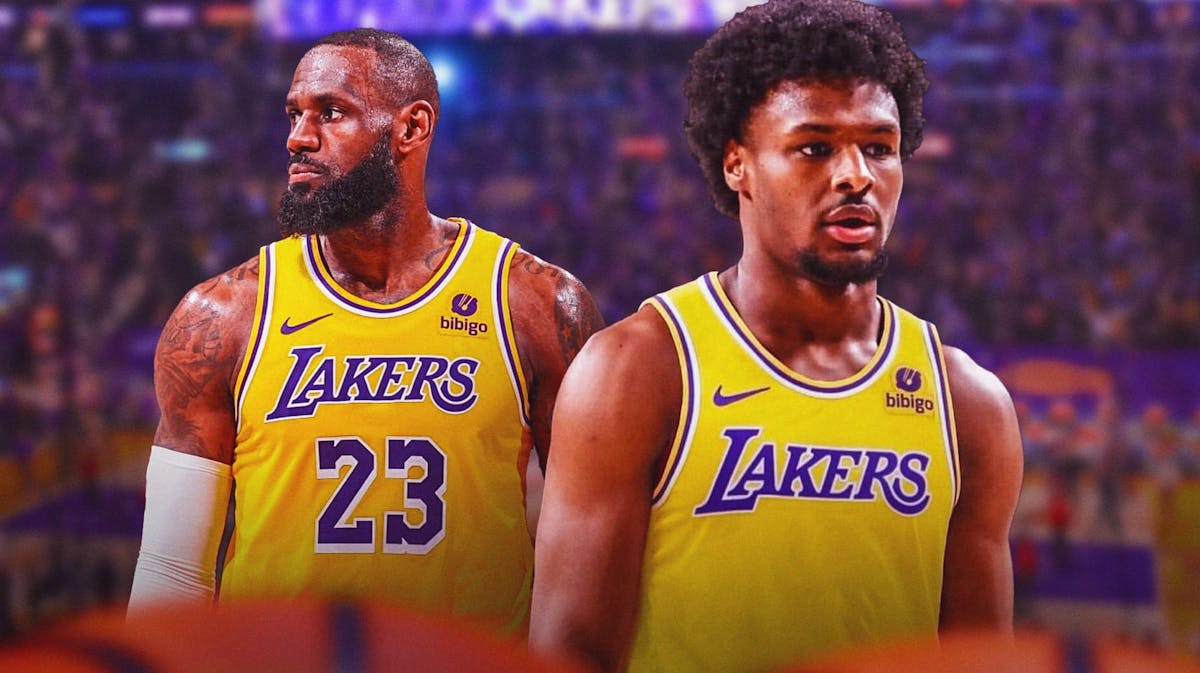 Bronny James in a Lakers jersey alongside LeBron James and the Lakers arena in the background, NBA Draft
