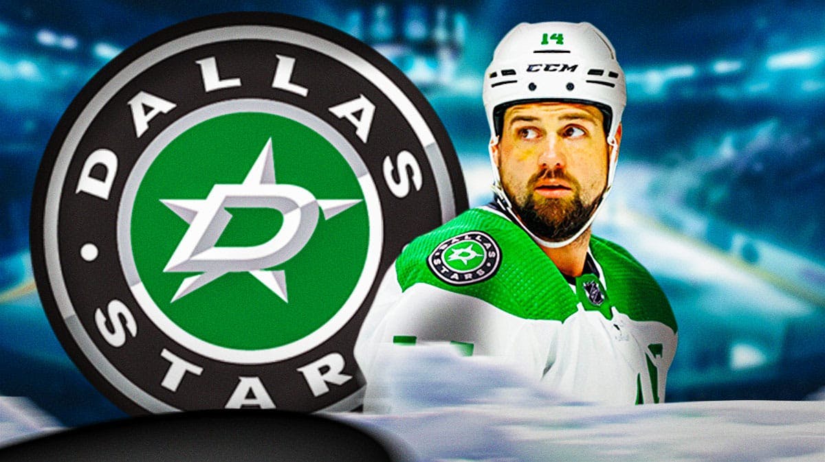 Jamie Benn in middle of image looking stern, Dallas Stars logo, hockey rink in background
