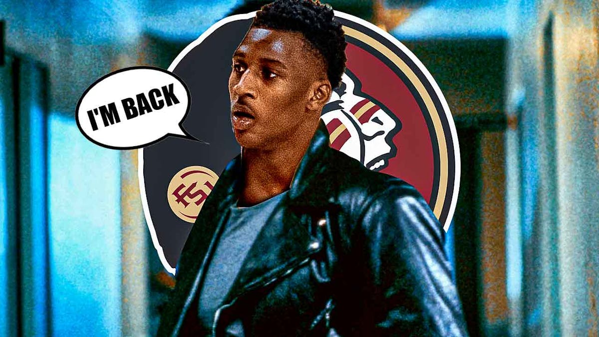 Terminator but it has Jamir Watkins head with speech bubble: "I'M BACK" Florida State logo in the background.