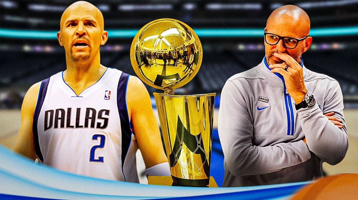 Mavericks' Jason Kidd (2011 image) playing basketball on left. Mavericks' Jason Kidd (2024 image) coaching Mavericks on right. Place the NBA Finals trophy in the middle.