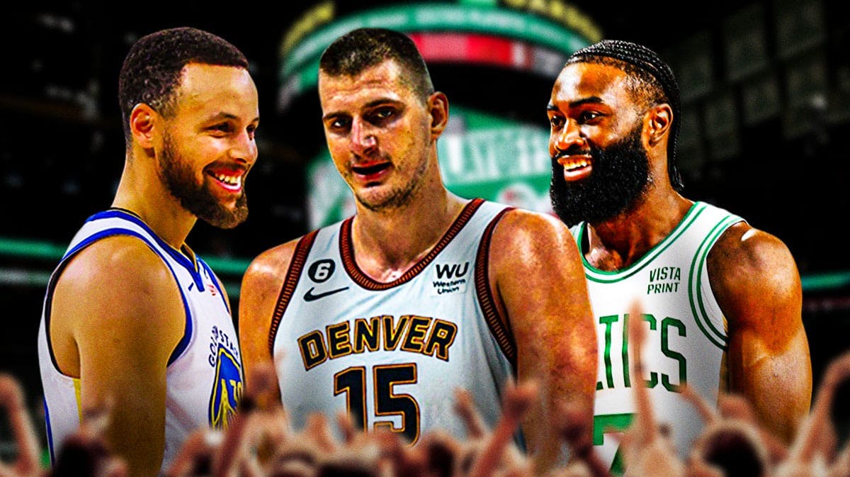 Jaylen Brown, Nikola Jokic, and Steph Curry all smile next to each other